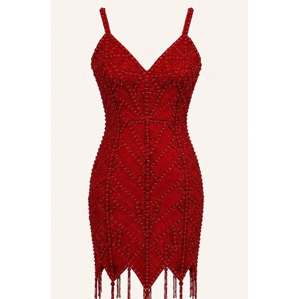VTG Casadei Red Hand Beaded Cocktail Dress Women Sz 6 EVC Luxury Couture Sexy